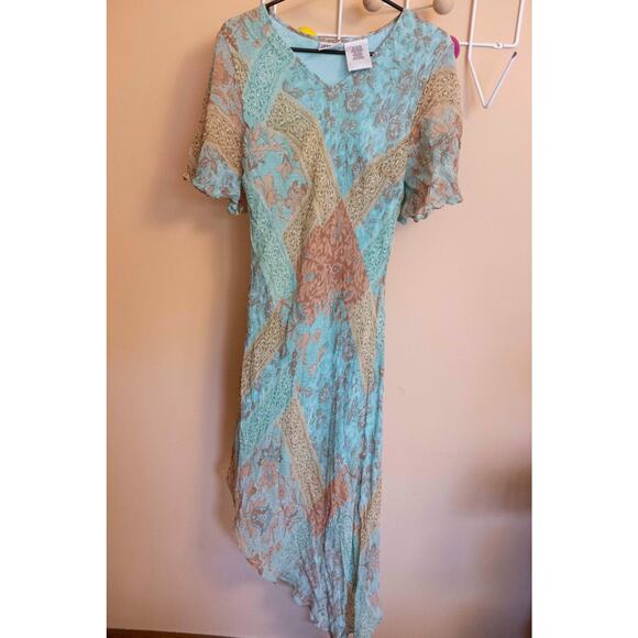 Vintage Phool Teal Boho Dress – Asymmetrical Hem & Slit Sleeves, Stretch Floral - Picture 5 of 6